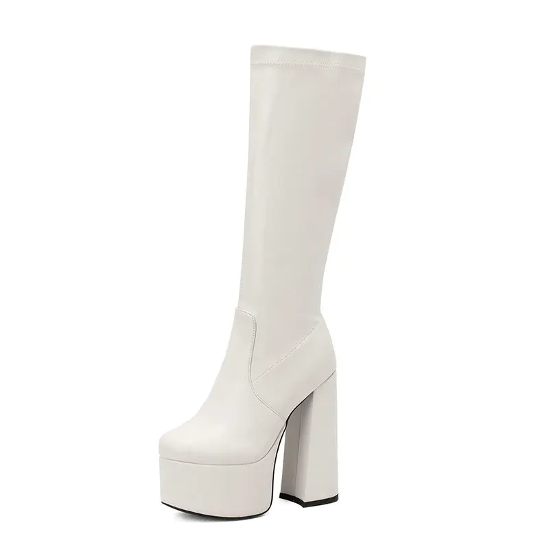 Womens Knee High Boots Black White Platform Knight Boots  Side Zip Autumn  Thigh - £224.31 GBP