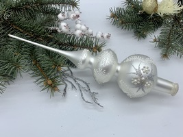 Big silver with white and silver glitter Christmas glass tree topper, Ch... - $22.79