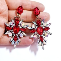 Rhinestone Drop Earrings, Red Crystal Earrings, Bridal Prom Pageant Jewelry, Dra - £28.93 GBP