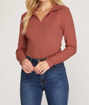 She + Sky long sleeve ribbed knit collared bodysuit in Terracotta - £23.92 GBP