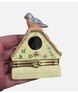 Porcelain Birdhouse Hinged Lid Trinket Box Blue Bird Garden  3” - $21.04
