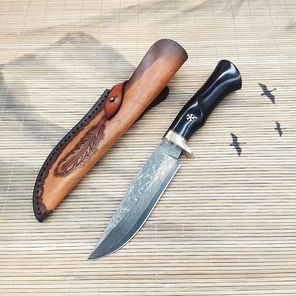 Überlebens-Jagdmesser mit feststehender Klinge aus Damaststahl und Ebenh... - $97.02