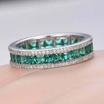 2.50Ct Princess Cut Emerald &amp; Diamond Full Eternity Band 14K White Gold Finish - £71.72 GBP
