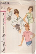 Simplicity 5418 Vintage Pattern Size 12 Misses&#39; Blouse In 3 Variations - £2.39 GBP