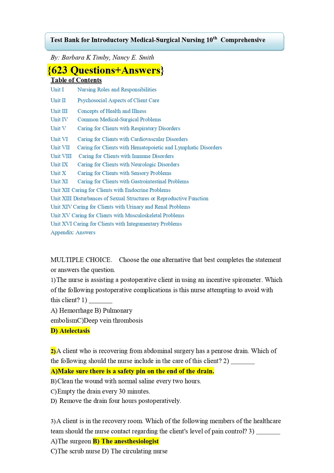 Test Bank for Introductory Medical-Surgical Nursing 10e Comprehensive by... - $17.99