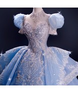 Luxury Princess Ball Gown Wedding Dress Light Blue Silk Beaded Bodice Fi... - $821.53 CAD
