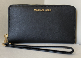 New Michael Kors Jet Set Travel Zip Around Phone Holder Wallet Black wit... - $69.66