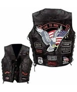 Mens Black Leather Biker Motorcycle Harley Rider Chopper Vest 14 Patches Eagle - $46.99