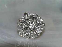 Estate Simple SIlvertone Band with Large Clear Rhinestone Flower Ring Size 6.5 - - £9.74 GBP