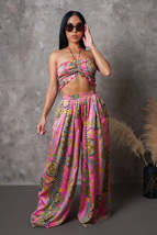 Multi Pink Wide Leg Pants &amp; Ruched Top Set - £43.96 GBP