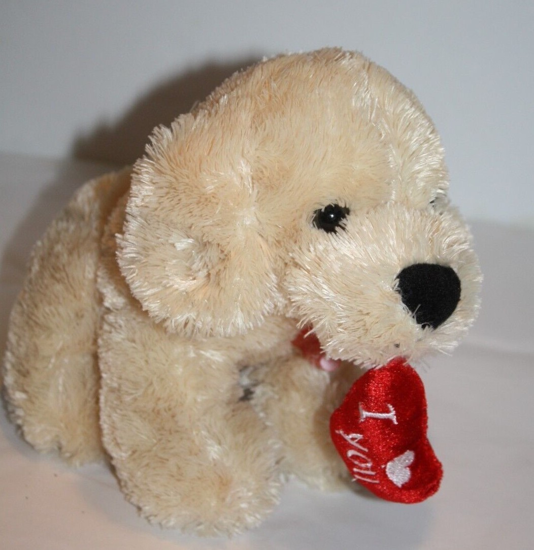 Kellytoy Valentines Dog 7&quot; Sits Beige Plush I Love You Puppy Heart Mouth... - $14.77