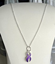 Purple Ribbon Charm Necklace Silver 18&quot; pancreatic cancer Alzheimer&#39;s awareness  - £3.93 GBP+