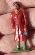 Vtg Barclay Metal Woman Red Coat Figure Train Waiter Person Village Scene - £7.44 GBP