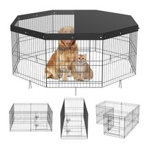 Dog Playpen, 8 Panels Foldable Metal Dog Exercise Pen with Top Cover, 24&quot; H ... - £51.71 GBP