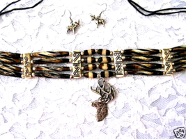 Buffalo Bone Necklace Assorted Brown And Pewter Buck Deer Pendant Tie On Choker - £15.17 GBP