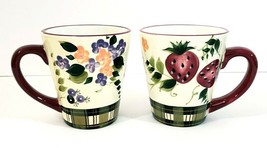 Oneida Strawberry Plaid Coffee Cups Set of 2 Hand painted 4&quot; x 3.75&quot; Cups - £11.02 GBP