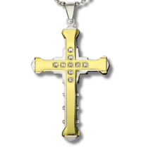 3D Cross Cz Pendant Necklace Two Tone Plated Men Women 24&quot; Ball Chain - £3.98 GBP