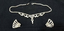 Euc Rhinestone Necklace &amp; Clip Earrings Silvertone Art Deco Baguette Crystals A3 - £12.58 GBP