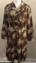Vtg Shirtwaist Collared Long Sleeved Belted Lined Dress Brown Beige White Print  - £23.55 GBP