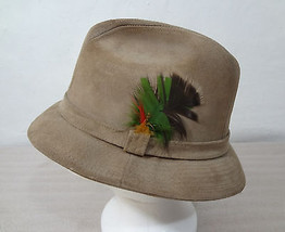 Stetson Size 7 Beige Suede Fedora Hat Side Feathers Made in USA - $33.81