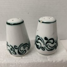Vintage Ceramic Round Salt And Pepper Shakers Green Swirl Pattern Made Portugal - £6.49 GBP