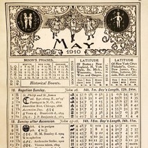 May June 1910 Calendar Page Moon Phases Sun Double Sided Ephemera ADBN1eee - $41.12 CAD