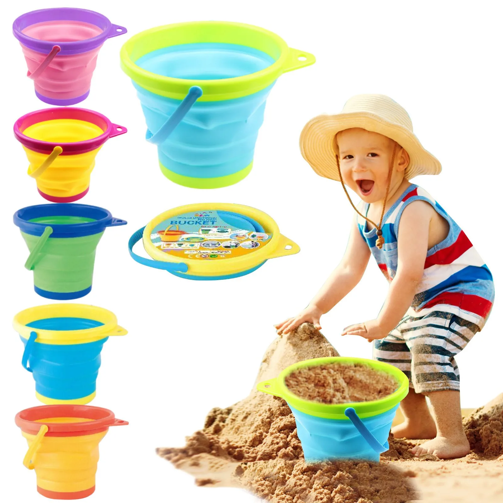 Portable Children Beach Bucket Sand Toy Foldable Collapsible Plastic Pail Multi - £20.25 GBP+