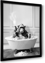 Framed Bathroom Decor Wall Art, Chimpanzee in Bathtub, Black and White Wall - £14.73 GBP