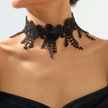 Black Polyster &amp; Silver-Plated Lace Flower Choker Necklace - £11.18 GBP