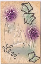 Postcard Embossed Best Wishes Ship Flowers Glitter - £2.31 GBP