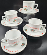 4 Korona Basket Of Cheer Cup Saucer Set Holly Ribbons Poland Coffee Tea ... - $46.40