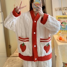 Strawberry Embroidery Fleece  Pajamas Set | Women Warm Winter Top Pants ... - £47.10 GBP