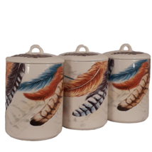 Pier 1 Canister Set with Lids 3 Pc Ironstone Feather Design White Brown ... - $64.47
