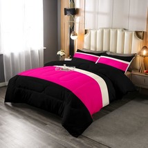 Patchwork Striped Comforter Set Hot Pink Black Stripes Bedding Sets Aesthetic Ge - £82.81 GBP