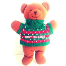 VINTAGE Soft Dreams Merry Christmas Bear Baby Rattle 9&quot; Brown Sweater Red Green - £19.04 GBP