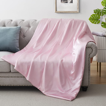Silk Throw Blanket - Pink Cooling Packable Satin Blanket for Couch, Bed, Travel, - £27.33 GBP