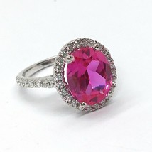 4Ct Simulated Pink Sapphire &amp; Diamond Halo Engagement Ring 14K White Gold Plated - £90.30 GBP