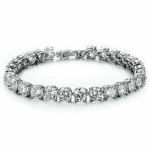 14K Oro Blanco Chapado Plata 4.5Ct Redondo Imitación Piedra Tenis Pulsera 17.8cm - £217.84 GBP