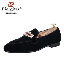 Black Velvet Men Loafers With Red Color Rhinestone Buckle Fashion Prom Men&#39;s Smo - £202.90 GBP