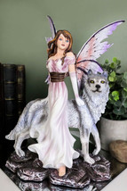 Fantasy Purple Winged Fairy Diana with Alpha Snow Direwolf Wolf Statue 10&quot;H - £48.18 GBP
