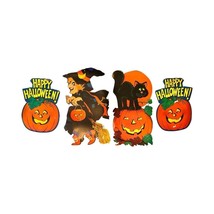 Vintage 1981 Hallmark Double Sided Halloween Die Cuts Witch Cat Pumpkin Lantern - £7.48 GBP