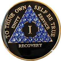 1 Year AA Medallion Black Tri-Plate Blue Sapphire Color Swarovski Crystal Chip - £16.60 GBP