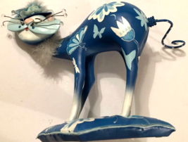 Enesco Whimsical Blue Cat Pillow Bejeweled Fur Hat Ceramic Flowers White... - £46.89 GBP