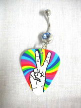 Peace Sign Hand Symbol Bright Rainbow Colors Guitar Pick 14g Blue Cz Belly Ring - £4.81 GBP