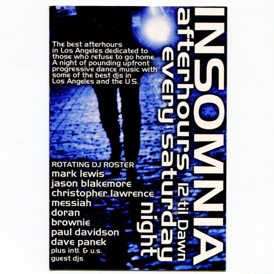 Insomnia Afterhours Rave Push Card Vintage 90s LA Electronic Dance Party... - $19.70