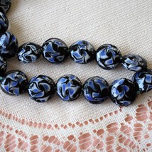 Round Lentil Lampwork Glass Beads, Black with Blue Design, 7 beads 19mm - £6.27 GBP