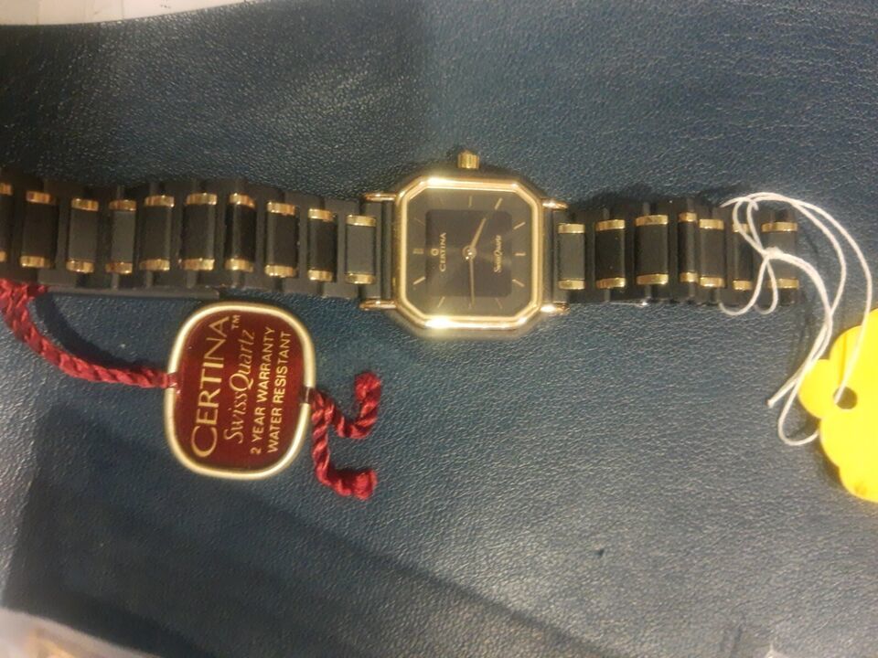 VTG Ladies Certina Classic 1980's Swiss Quartz Gold Black Dress Watch bracelet - $98.79