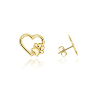 14K Solid Yellow Gold Small Dog Paw Heart Animal Stud Earrings - £111.82 GBP