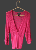 Bisou Bisou Hot Pink Crochet Style Open Knit Crossover Sweater Kimono Sleeve L - £10.88 GBP