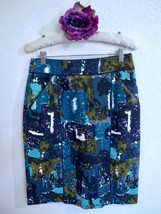 Anthropologie Tabitha Liquid Acres Pencil Skirt 2 Retro Barkcloth Blue Green - £17.39 GBP